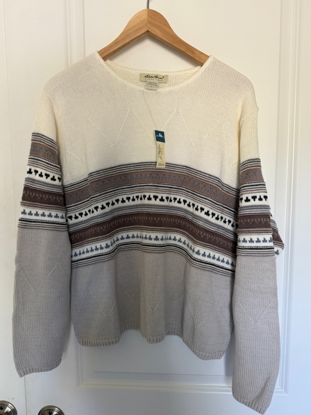 Eddie Bauer Womens Large Cream Fair Isle Knit Sweater Cotton USA Made NWT